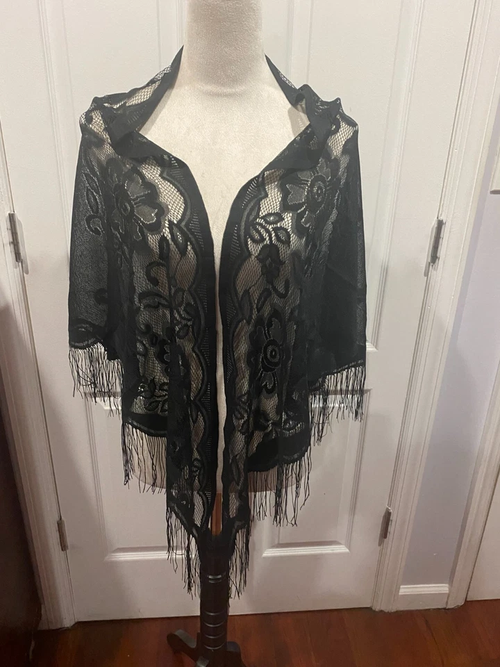 Bufanda chal triángulo transparente negro envolvente ligero 70,9 x 29,5 pulgadas Foto 2 de 4