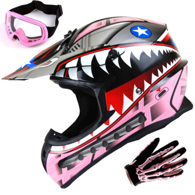 1Storm Motocross Helmet SC09S Monster Shark + Goggles + Skeleton Glove Bundle