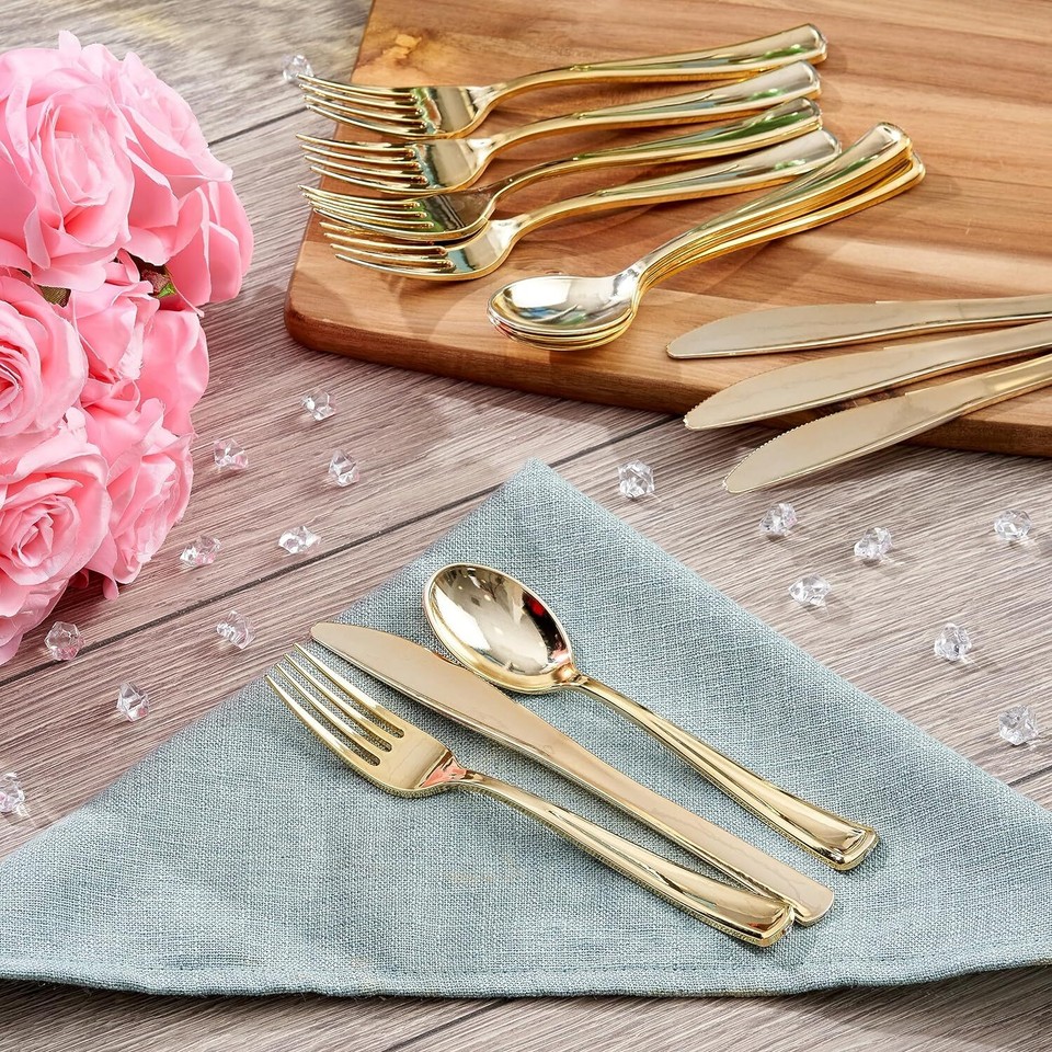 180 Bulk Gold Plastic Silverware Set (60 Knives 60 Forks 60 Spoons