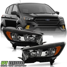 2017-2019 Ford Escape Halogen w/o LED DRL Black Headlights Headlamps Left+Right