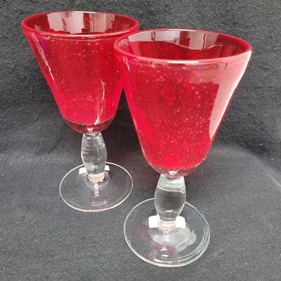 Ruby Red Bubble Wine Glass/Goblet Pair 18k Chroma Thick Heavy 12oz