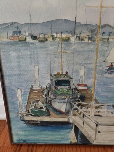 Meer und Maritim Aquarell Gemälde Boote Dock Künstler signiert T.R. Rutter 1953 - Bild 7 von 10