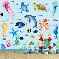 4 Sheets Ocean Fish Wall Decals Stickers Under The Sea Wall Decal Stickers Re...