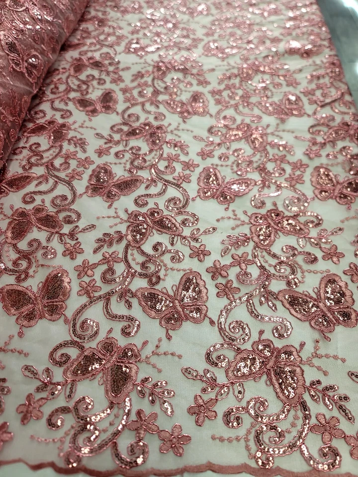 Dusty Rose Lace Embroidery Butterflies Sequin Fabric By The Yard Bridal Prom - Image 3 of 4