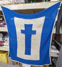 Beautiful Crochet Afghan Lap Blanket Reversible 4 Foot Blue White With Cross