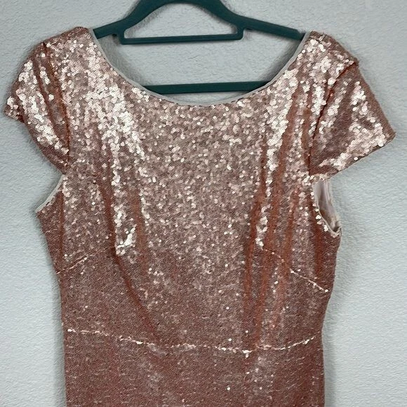 Nuevo con etiquetas Vestido de lentejuelas con abertura frontal con capucha manga gorra Dessy Collection 3043 talla 14 Foto 3 de 4