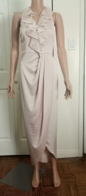 SHONA JOY HALTER RUFFLED TOP W/TULIP CROSSOVER HEM BEIGE MAXI 
