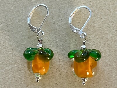 New Cute Lamp Work Glass Ojai Pixie Tangerine Earrings With 925 Lever Back Hooks