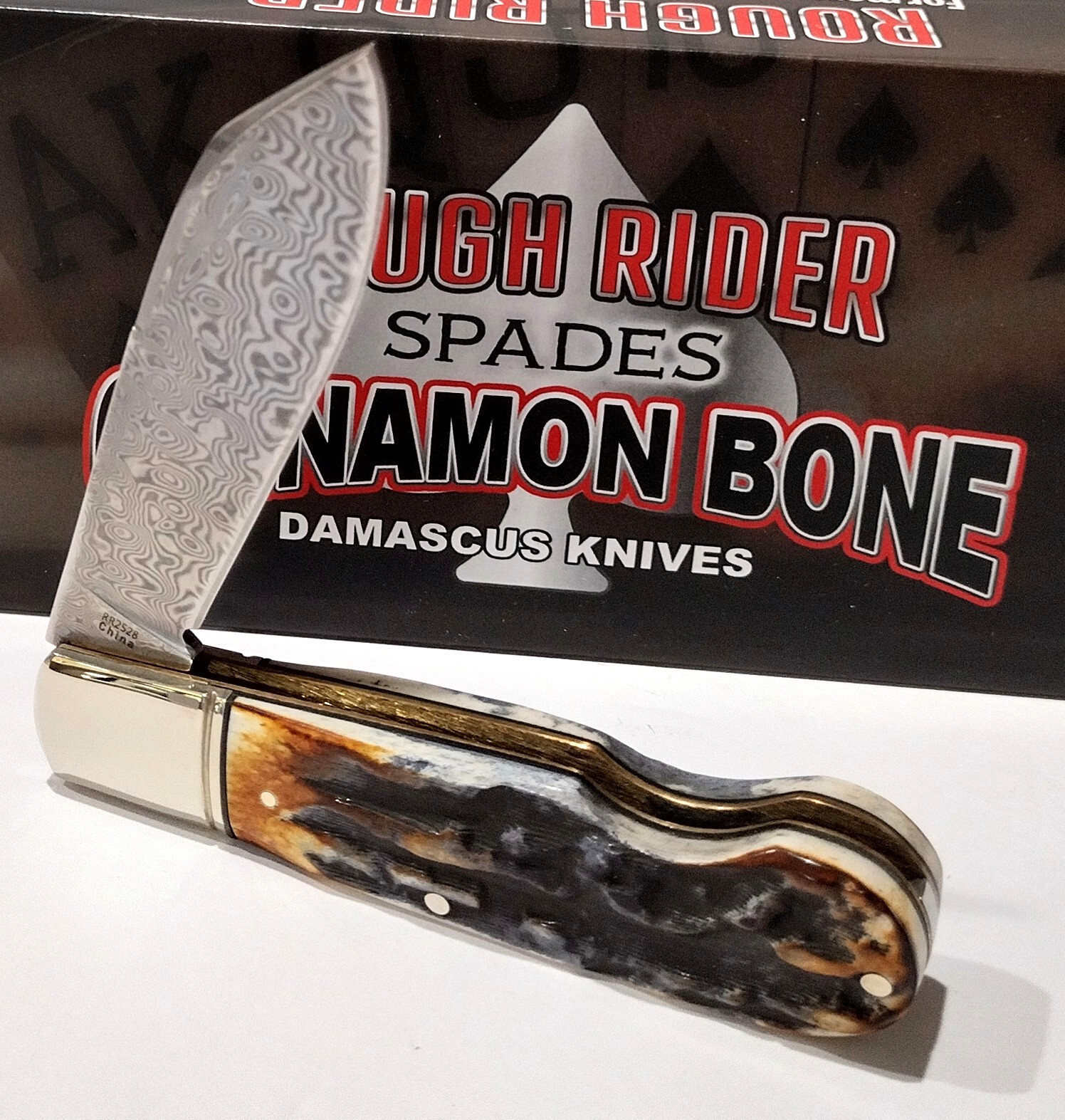 Rough Rider Brown Cinnamon Stag Bone Damascus Steel EO Jack Barlow Pocket Knife