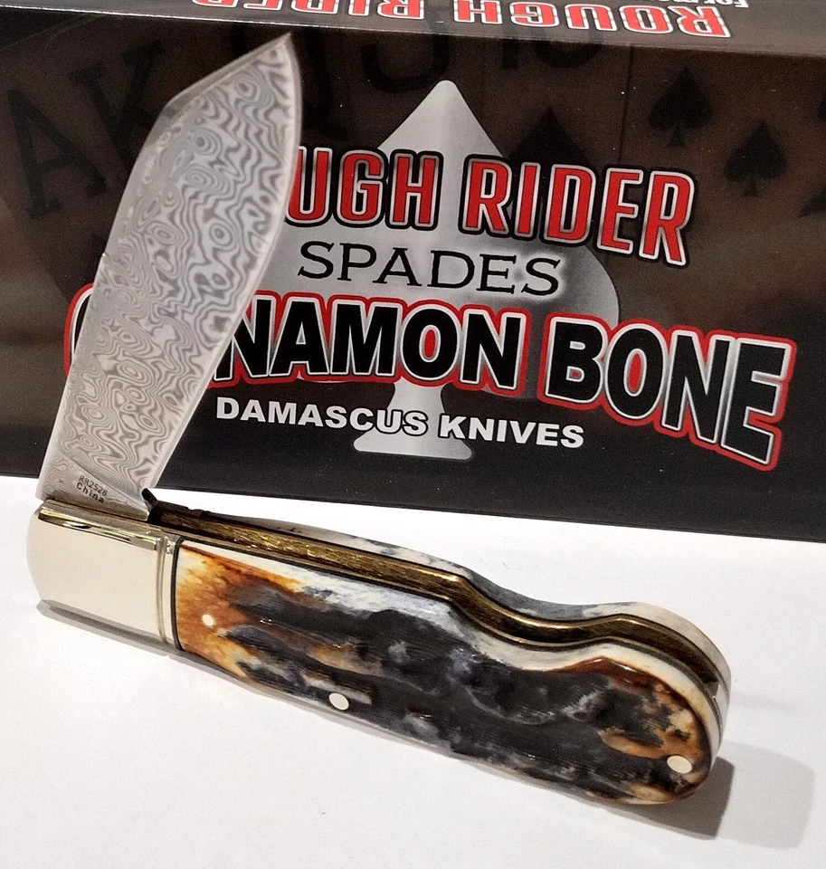 Rough Rider Brown Cinnamon Stag Bone Damascus Steel EO Jack Barlow Pocket Knife - Image 2 of 4