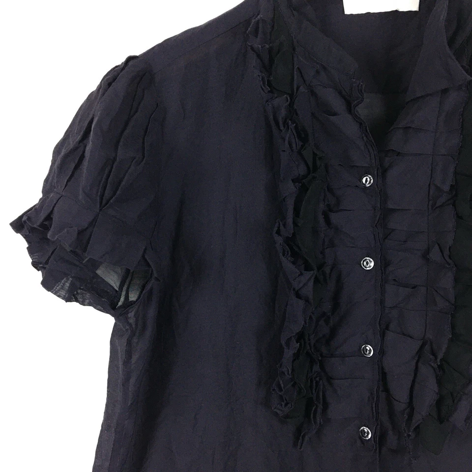 Top para mujer Nicole Farhi pequeño azul manga corta con botones volantes delanteros Foto 4 de 4