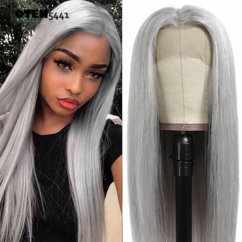 26Inch Straight Silver Lace Front Heat Resistant Fiber Wig  display picture 3