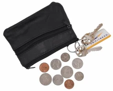 Black Leather Coin Purse / Mini Wallet / Key Pouch - 2 Zippered Sections