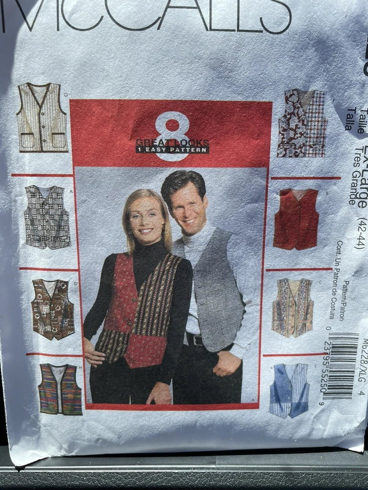McCall's Patterns M6228 Misses'/Men's Lined Vests, Size XLG (42-44) Vintage New - Image 2 of 4