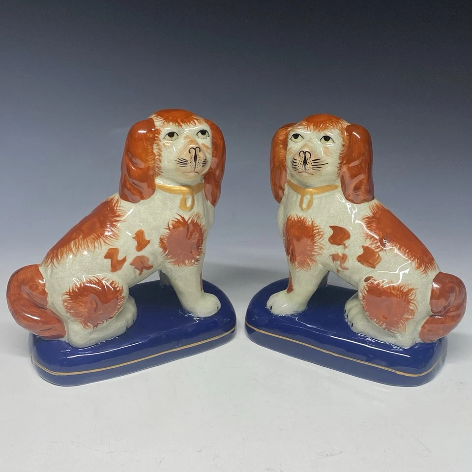 Pair of 7.5” Vintage Staffordshire Orange Spaniel Dogs Cobalt Blue Base ￼ - Image 2 of 4