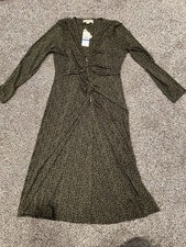 Michael Kors XL Black tan Paisley Ruched Jersey Midi Dress Long Sleeve Women