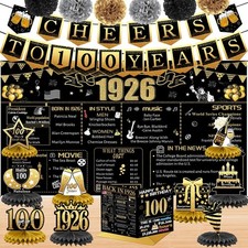100th Birthday Party Decorations, 18PCS Black Gold Banner, Backdrop  Poms