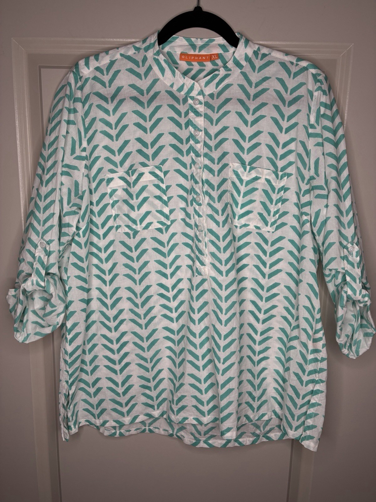 Oliphant Blue White Pattern Button Down Blouse Ro… - image 1