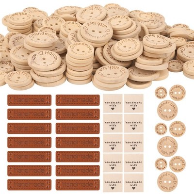 100 Stck. Handgefertigte Etiketten & Knöpfe Set-Holz, Leder, Stoffetiketten zum Selbermachen Handwerk