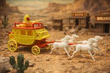 Jouet Ancien Diligence Western Chevaux Plastique Vintage 1960 Cowboy 22cm