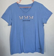 Life Is Good Women's Crusher T-Shirt XL Butterflies Blue V-Neck Cotton