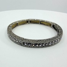 Vintage Silver Tone Clear Rhinestone Stretch Bracelet Pave Panel Statement 90s