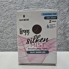 L'eggs Tights B Sun Beige Silken Mist Silky Sheer Control Top Sheer Toe 2 Pair