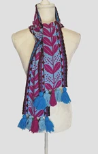 Tait & Style Orkney Scotland 100% Wool Rectangle Scarf Pom Tassels Blue Purple