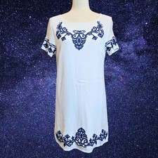 Lulus Womens L White Dress Blue Embroidery Short Sleeve Casual Shift Bohemian