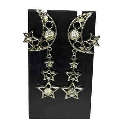 Vintage Kelley Hollis Earrings Moon Stars Rhinestones Silver Tone Dangle Drop
