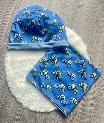 Handmade Beanie & Loop Set Traktor Kinder Mütze Schal Unikat