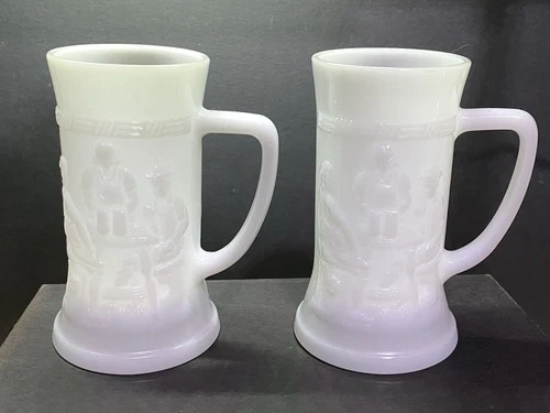 Vintage - Milk Glass - Federal Glass White Mugs/Stein (set of 2) Pub Scene