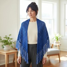 NEW Blue Hand Knitted Shawl Wrap Scarf Boho Hippie Fringe Indie Artsy Coastal