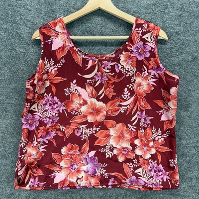 Croft & Barrow Blouse Women L Large Brown Floral Sleeveless Wide Strap Crew Neck