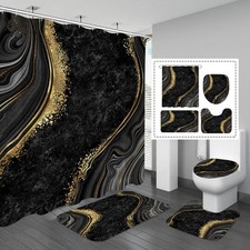 4 Pc Marble Shower Curtain Set With Non Slip Rugs Toilet Lid Cover Bathroom D...