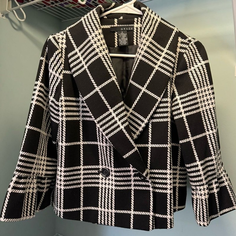 Grace Black White Window Pane Blazer Size 4 Bell Sleeve Work Jacket