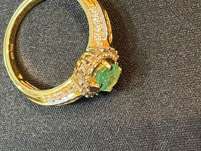 Ethiopian Natural Emerald Ring, Size 8, Vermeil Gold Mixed Gems Around the Halo
