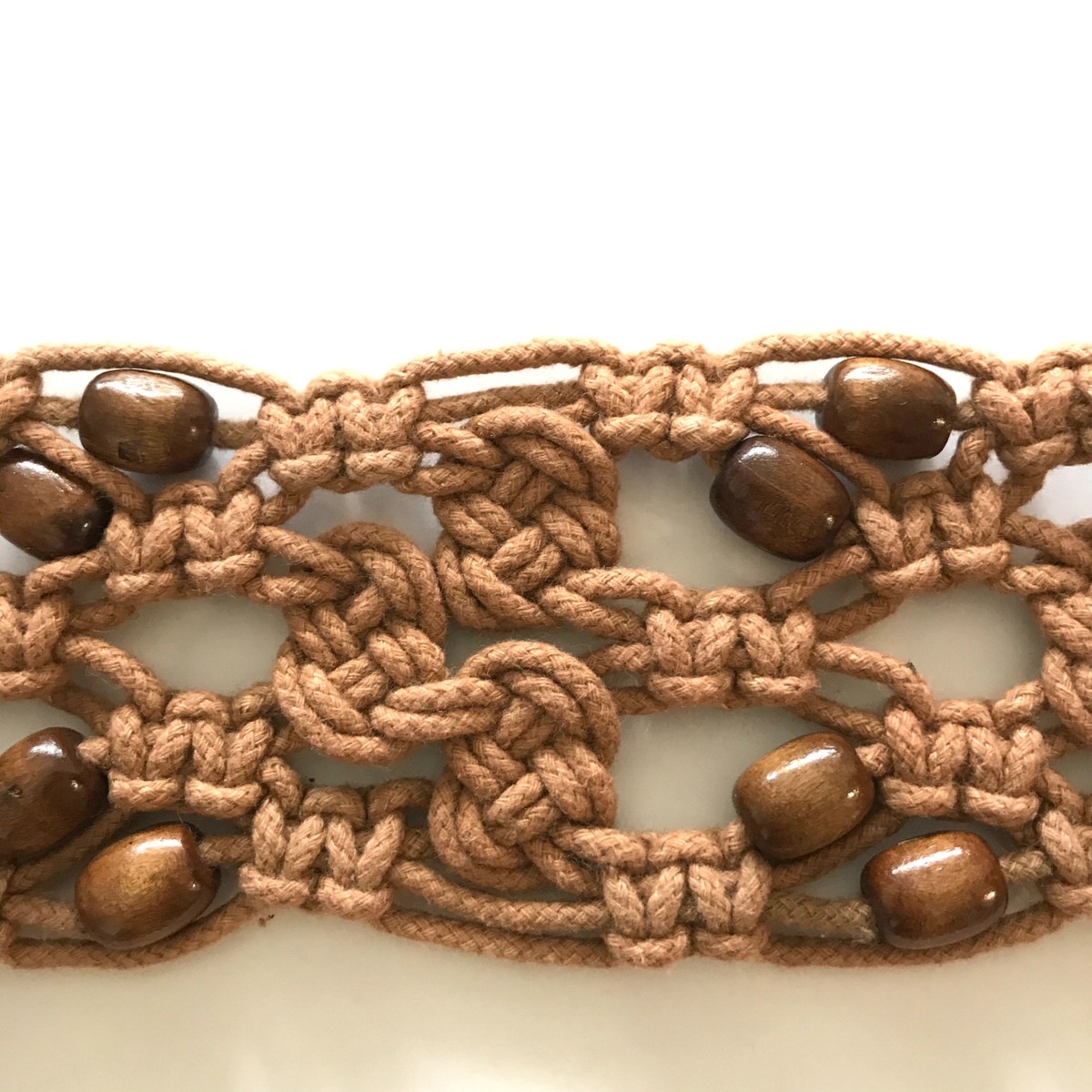 Landes Vintage Macrame Wood Bead Belt Brown Italian Leather Brass Buckle Large Vintage Macrame Belt: Dark Brown Cord, Wood Beads, Plus Size  main image 3