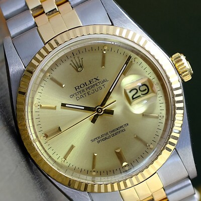 Rolex Mens Datejust Watch Gold Steel Champagne Dial Index Dial Fluted w/ PAPER