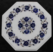 Octagon White Marble Corner Table Top Lapis Lazuli Stone Inlay Work Coffee Table
