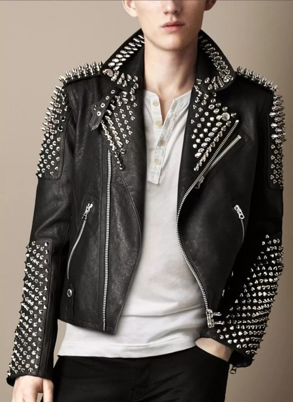 Men's Punk Black Motorbike Leather Jacket with Silver Studs and Spikes