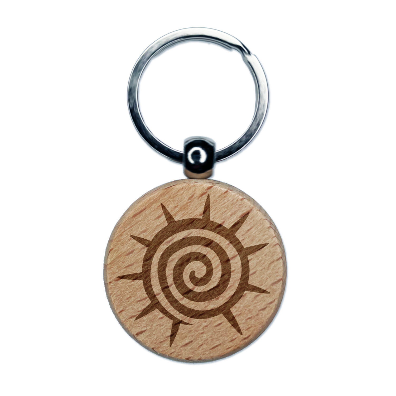 Southwest Native American Swirl Sun Engraved Wood Round Keychain Tag Charm