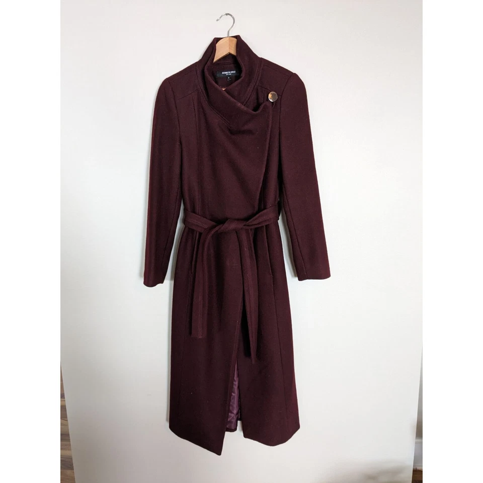 Maxi Abrigo Kenneth Cole Borgoña Asimétrico Cinturón Lana Envolvente Talla 8