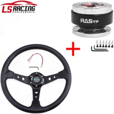 Black 345mm Deep Dished Red Racing Steering Wheel+Ball Quick Release Adapter Kit