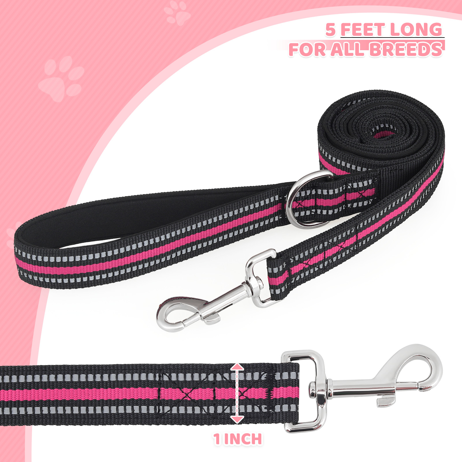 Soft Dog Leash Pet Leash Control Heavy Duty 5FT Pink Reflective Leash w/Handles