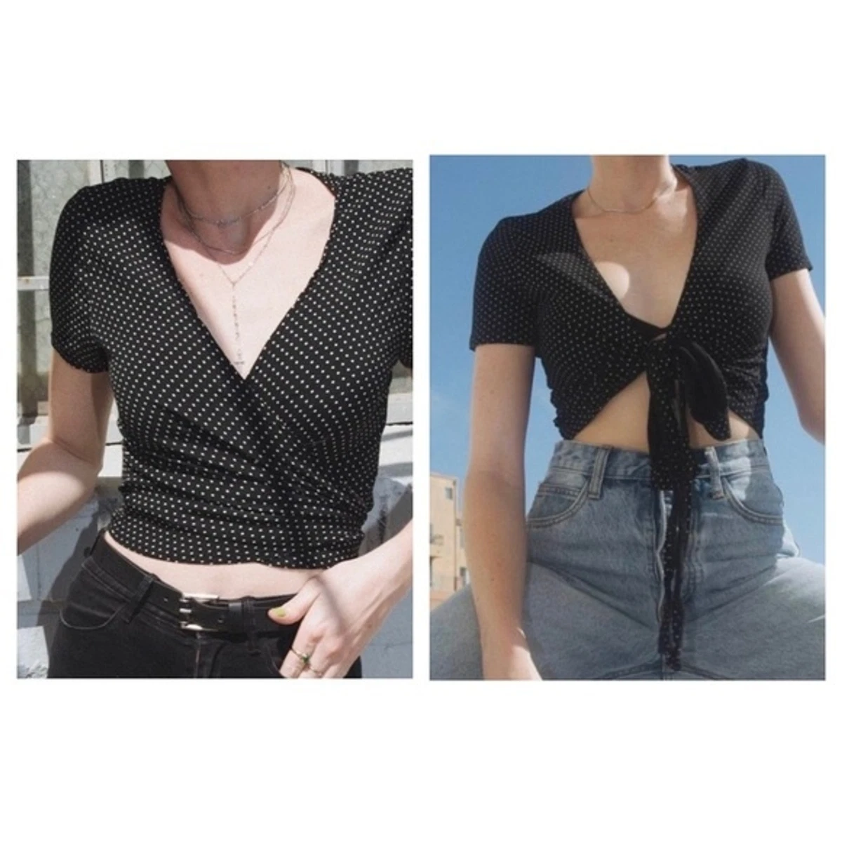 Brandy Melville Rae Black Polka Dot Cotton Blend Versatile Wrap Crop Top