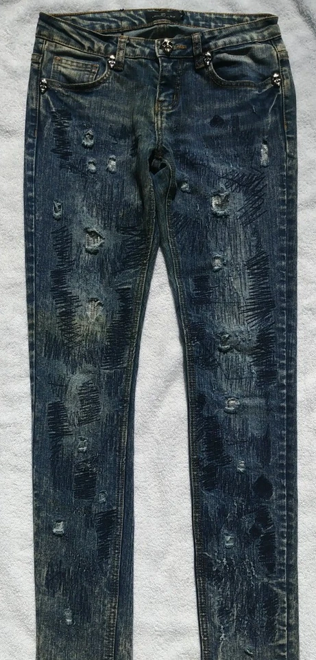 Pantalones de mezclilla para mujer PHILIPP PLEIN ajustados rectos azul novio etiqueta envejecida 26 (28x30 Foto 3 de 4