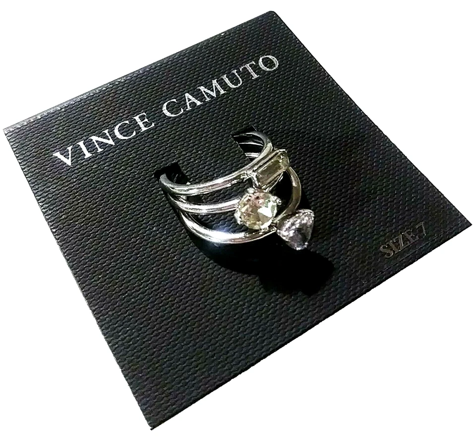 Juego de tres anillos solitario de cristal Vince Camuto talla 7 tono plateado apilables nuevos con etiquetas Foto 2 de 4