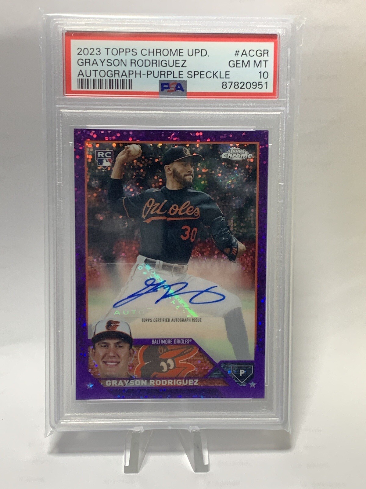 2023 Topps Chrome- Purple Speckle Refractor Auto Grayson Rodriguez /299 (PSA 10)
