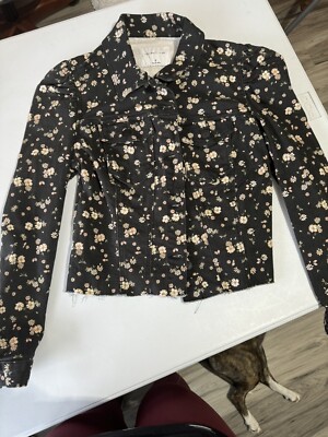 Celebrity Pink Black Floral Puff Sleeve Unfinish Hem Denim Jacket